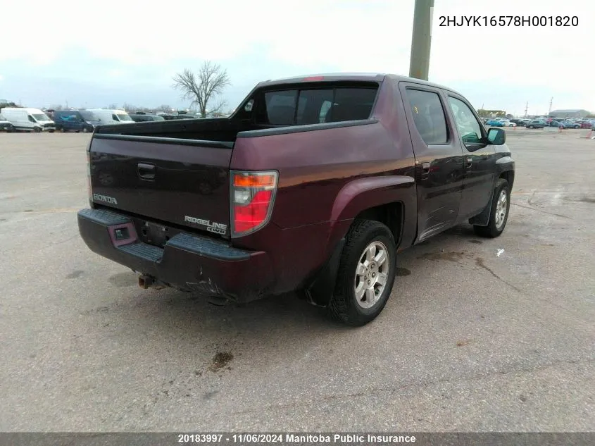 2008 Honda Ridgeline Ex-L VIN: 2HJYK16578H001820 Lot: 20183997