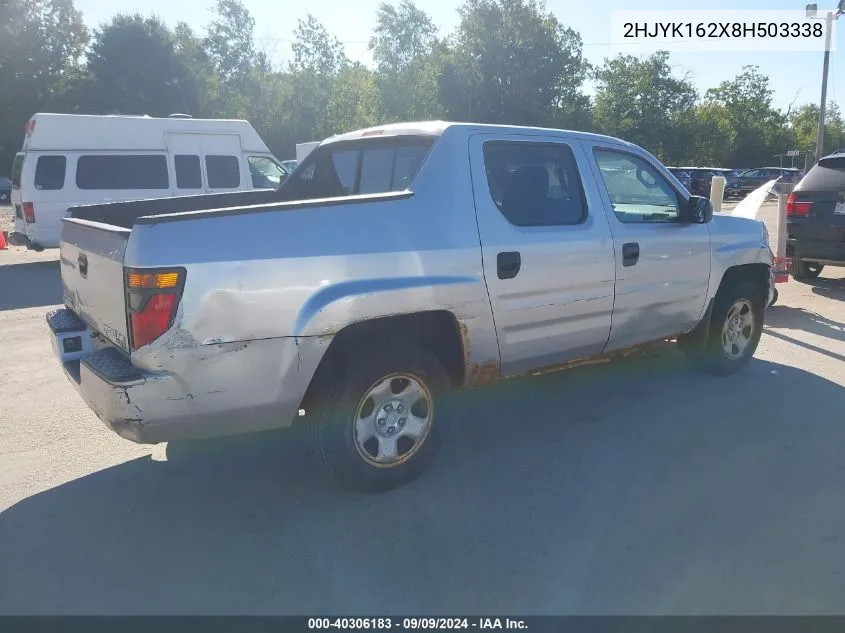 2008 Honda Ridgeline Rt VIN: 2HJYK162X8H503338 Lot: 40306183