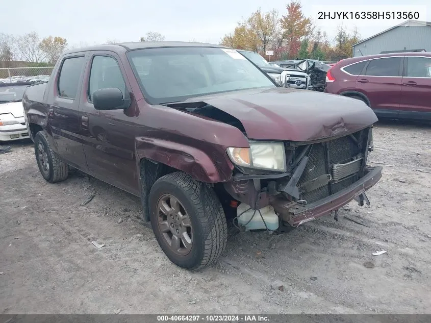 2008 Honda Ridgeline Rtx VIN: 2HJYK16358H513560 Lot: 40664297