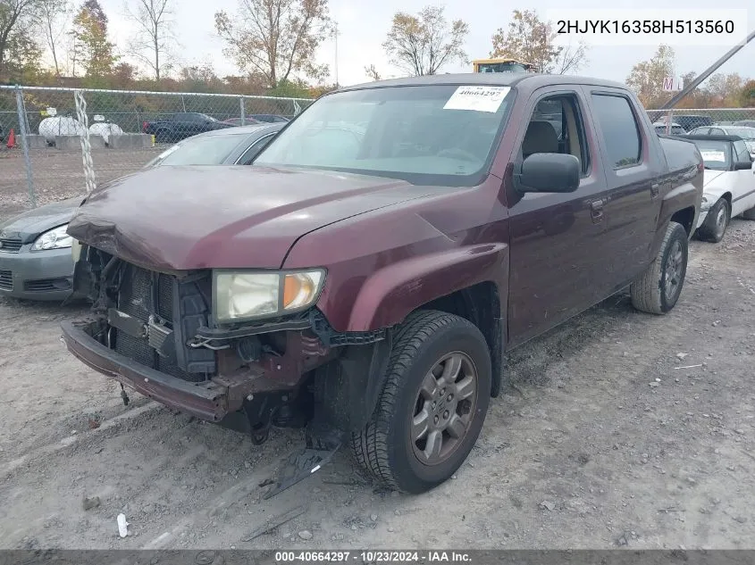 2008 Honda Ridgeline Rtx VIN: 2HJYK16358H513560 Lot: 40664297