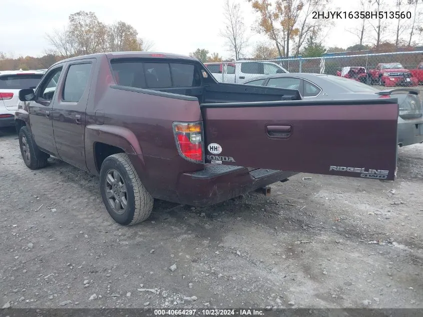 2008 Honda Ridgeline Rtx VIN: 2HJYK16358H513560 Lot: 40664297