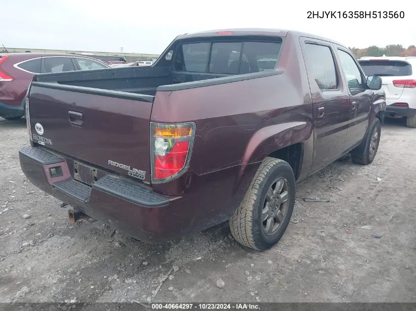 2008 Honda Ridgeline Rtx VIN: 2HJYK16358H513560 Lot: 40664297