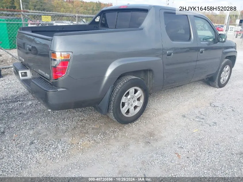 2008 Honda Ridgeline Rts VIN: 2HJYK16458H520288 Lot: 40720856