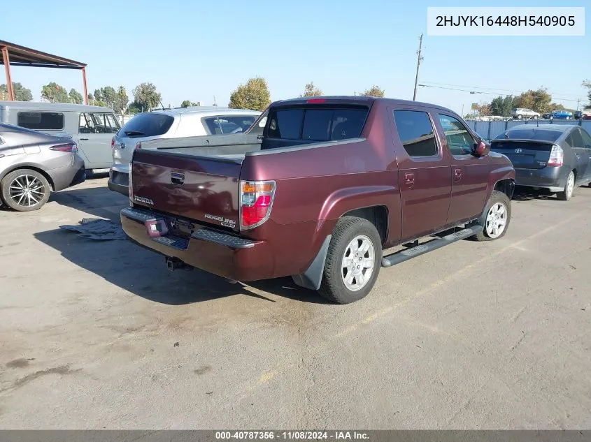 2008 Honda Ridgeline Rts VIN: 2HJYK16448H540905 Lot: 40787356