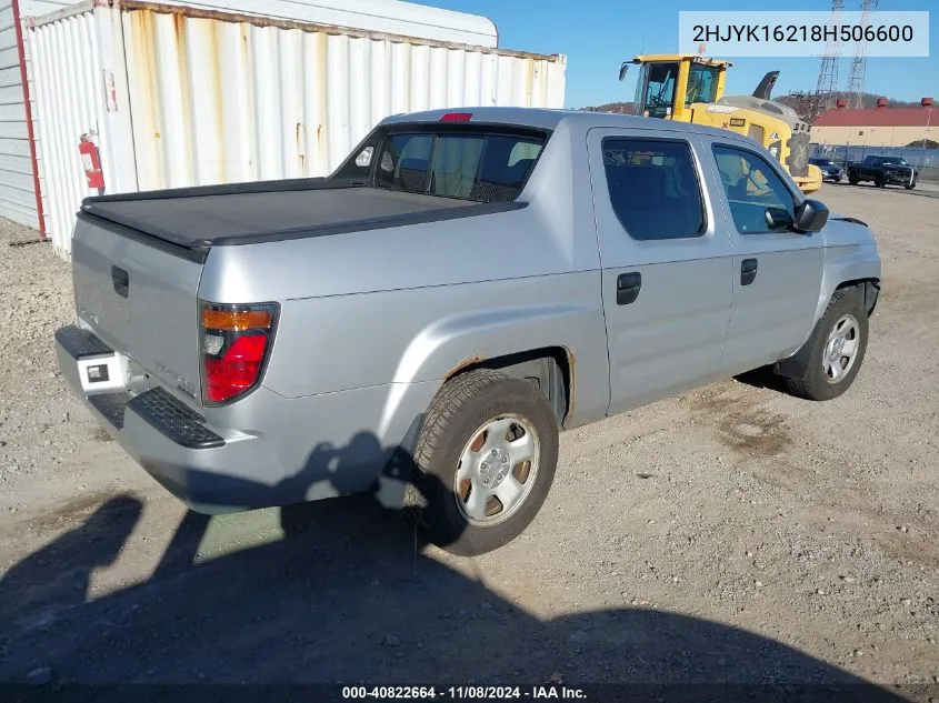 2008 Honda Ridgeline Rt VIN: 2HJYK16218H506600 Lot: 40822664