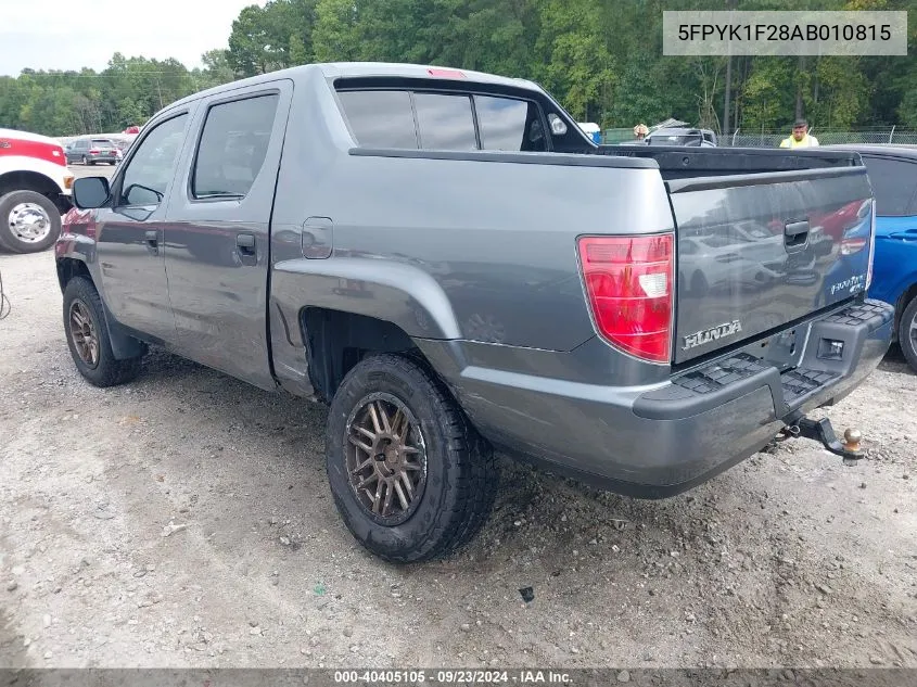 2010 Honda Ridgeline Rt VIN: 5FPYK1F28AB010815 Lot: 40405105