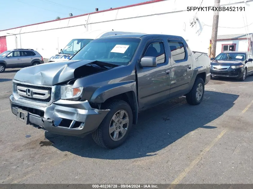 2011 Honda Ridgeline Rts VIN: 5FPYK1F4XBB452191 Lot: 40236728