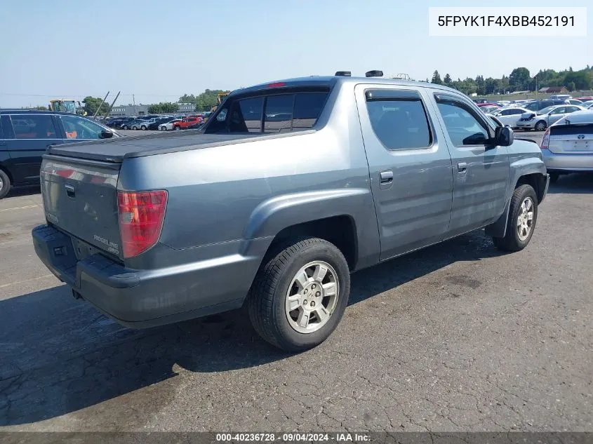 2011 Honda Ridgeline Rts VIN: 5FPYK1F4XBB452191 Lot: 40236728