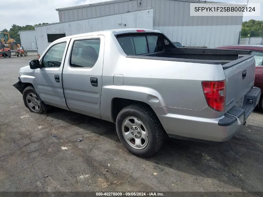 2011 Honda Ridgeline Rt VIN: 5FPYK1F25BB002124 Lot: 40275009