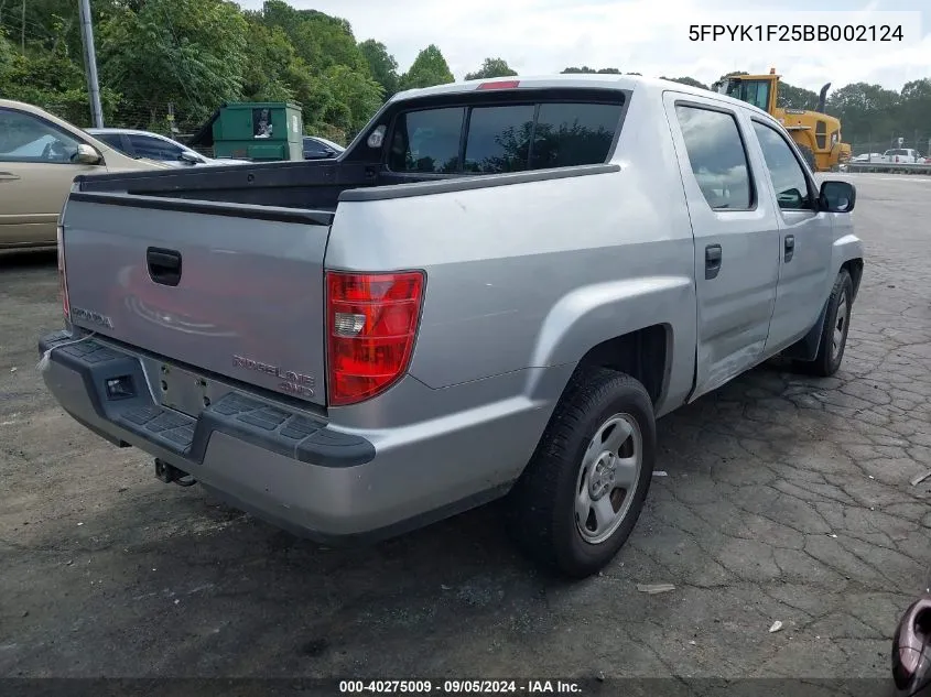 2011 Honda Ridgeline Rt VIN: 5FPYK1F25BB002124 Lot: 40275009