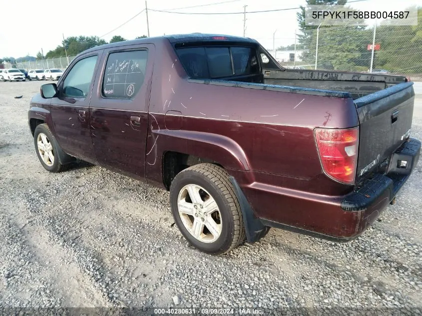 2011 Honda Ridgeline Rtl VIN: 5FPYK1F58BB004587 Lot: 40280631