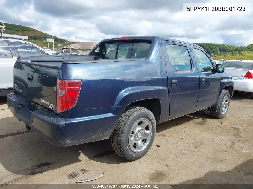 2011 Honda Ridgeline Rt VIN: 5FPYK1F20BB001723 Lot: 40376797