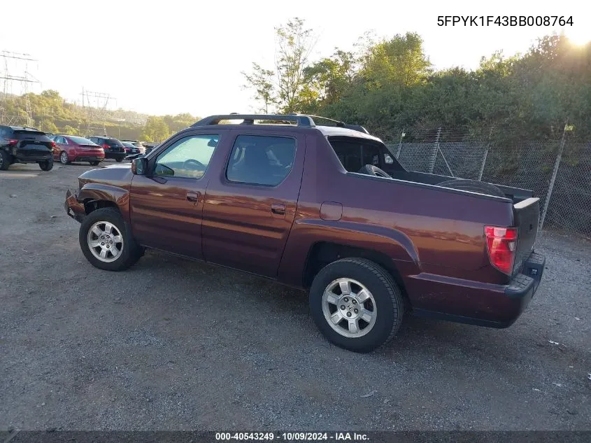 2011 Honda Ridgeline Rts VIN: 5FPYK1F43BB008764 Lot: 40543249