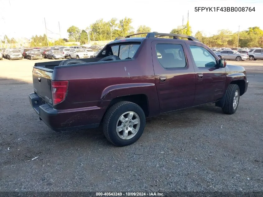 2011 Honda Ridgeline Rts VIN: 5FPYK1F43BB008764 Lot: 40543249