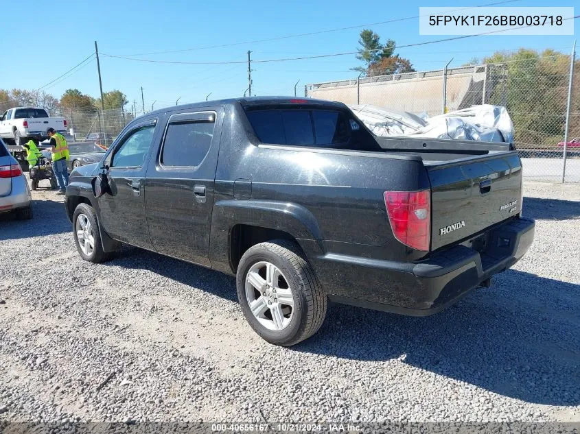 2011 Honda Ridgeline Rt VIN: 5FPYK1F26BB003718 Lot: 40656167