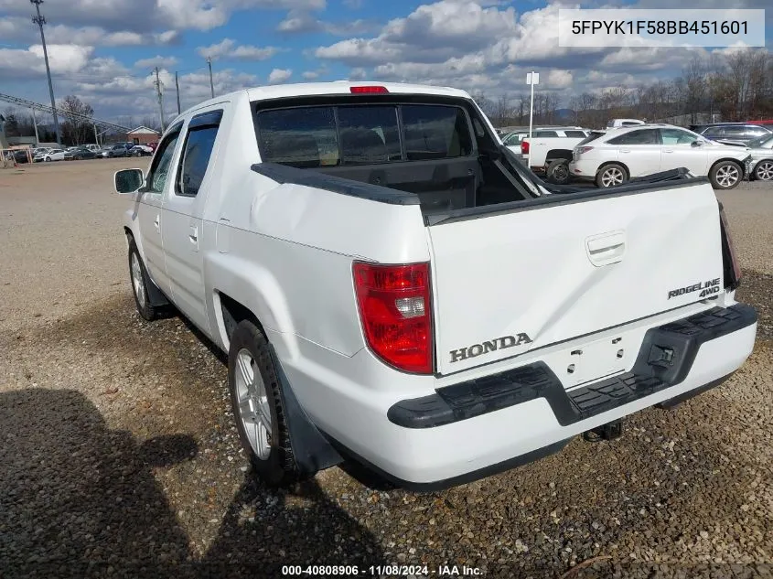 2011 Honda Ridgeline Rtl VIN: 5FPYK1F58BB451601 Lot: 40808906