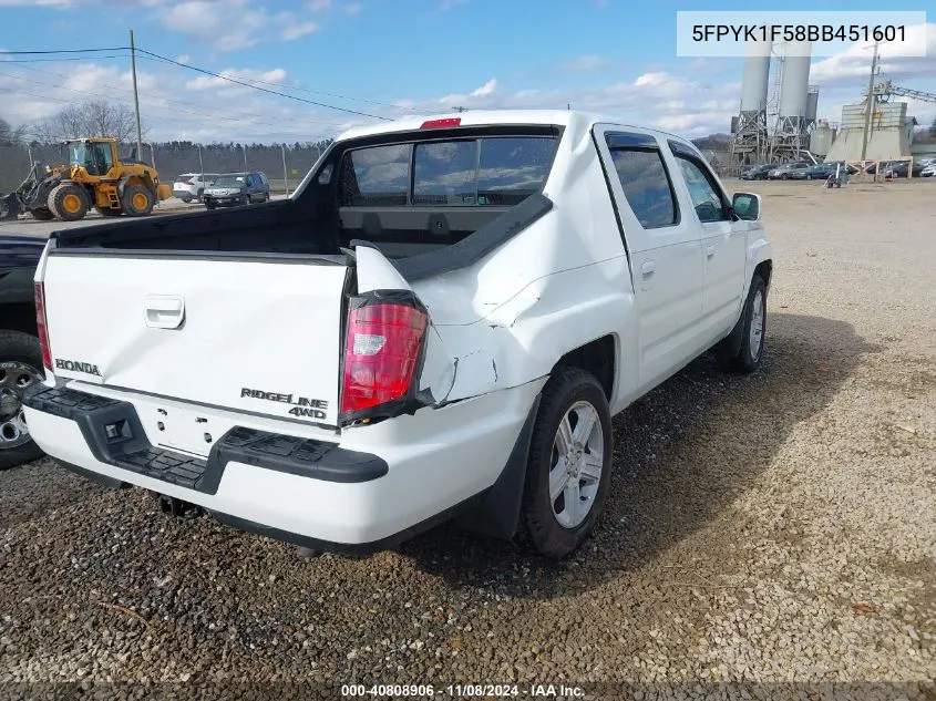 2011 Honda Ridgeline Rtl VIN: 5FPYK1F58BB451601 Lot: 40808906