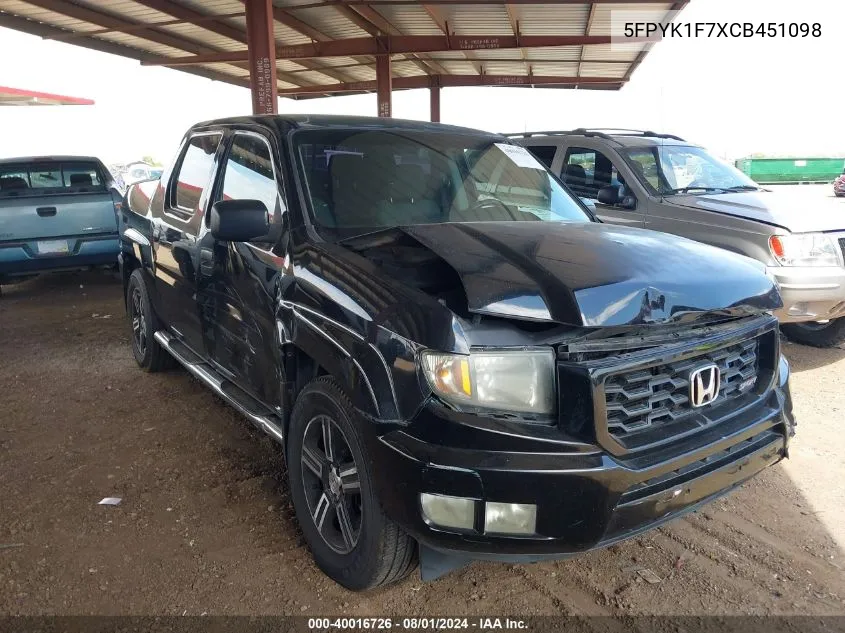 2012 Honda Ridgeline Sport VIN: 5FPYK1F7XCB451098 Lot: 40016726