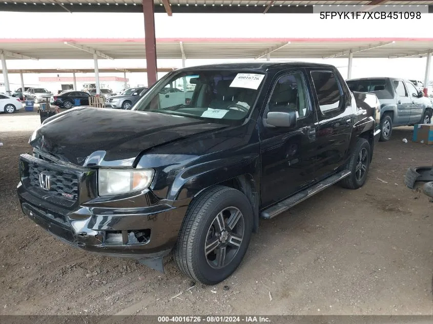 2012 Honda Ridgeline Sport VIN: 5FPYK1F7XCB451098 Lot: 40016726