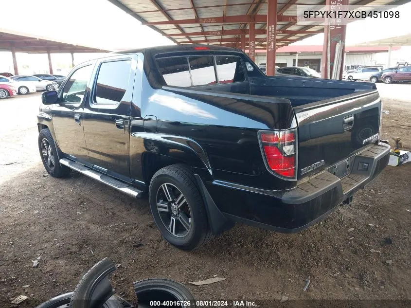 5FPYK1F7XCB451098 2012 Honda Ridgeline Sport