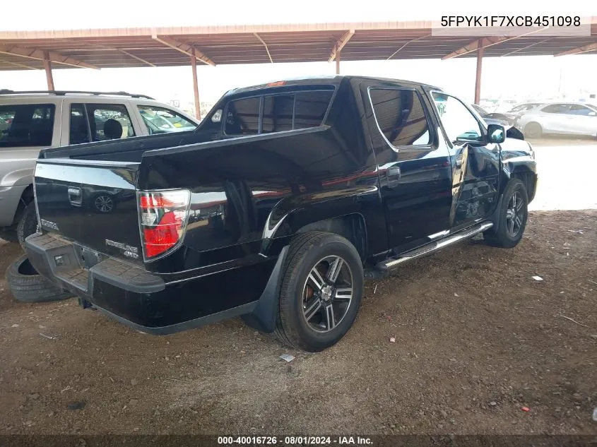 5FPYK1F7XCB451098 2012 Honda Ridgeline Sport