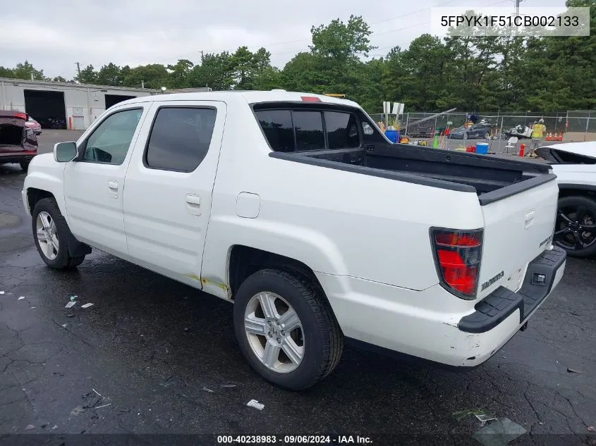 2012 Honda Ridgeline Rtl VIN: 5FPYK1F51CB002133 Lot: 40238983