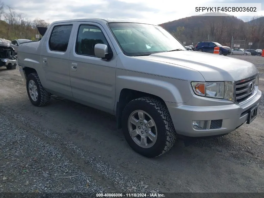 2012 Honda Ridgeline Rts VIN: 5FPYK1F45CB003602 Lot: 40866006