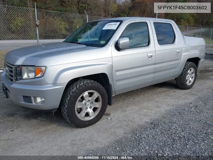 2012 Honda Ridgeline Rts VIN: 5FPYK1F45CB003602 Lot: 40866006