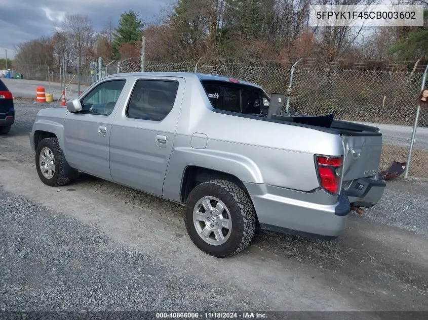 2012 Honda Ridgeline Rts VIN: 5FPYK1F45CB003602 Lot: 40866006