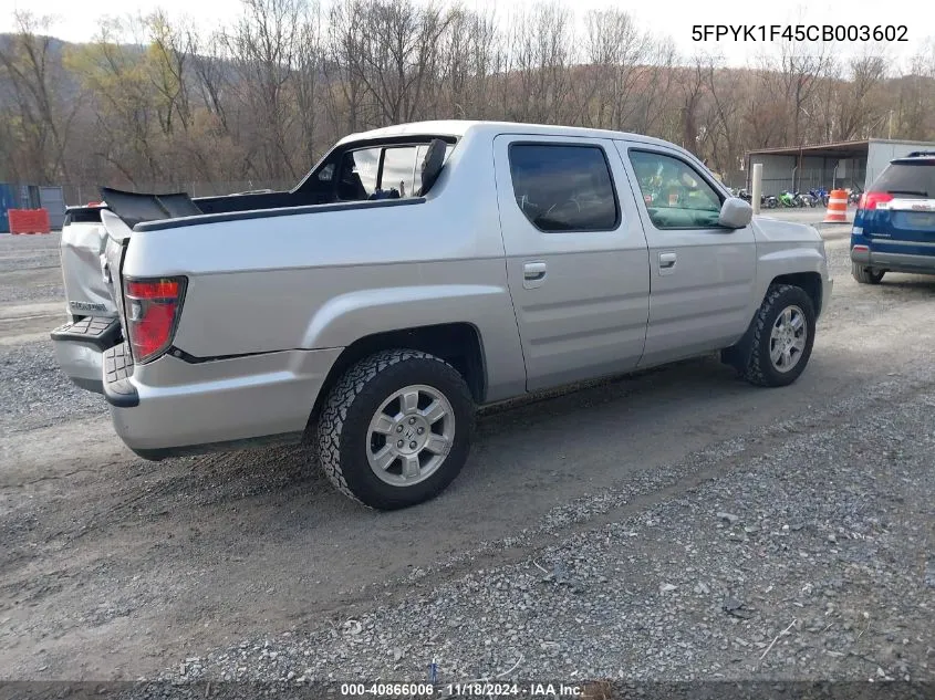 2012 Honda Ridgeline Rts VIN: 5FPYK1F45CB003602 Lot: 40866006