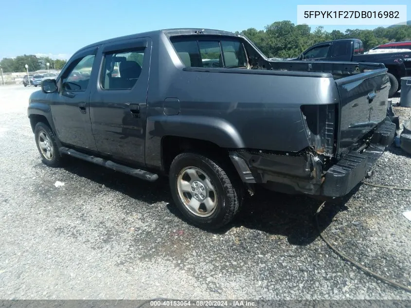 2013 Honda Ridgeline Rt VIN: 5FPYK1F27DB016982 Lot: 40153054