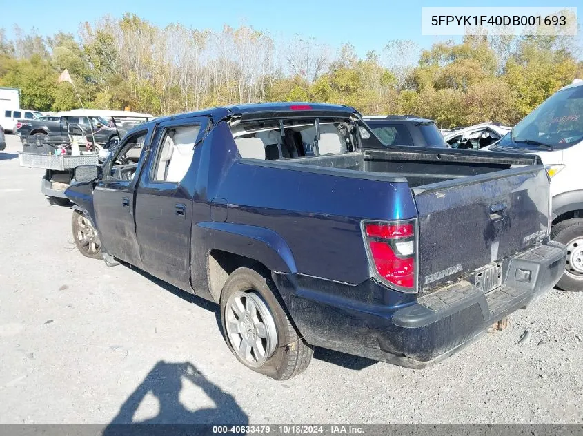 2013 Honda Ridgeline Rts VIN: 5FPYK1F40DB001693 Lot: 40633479