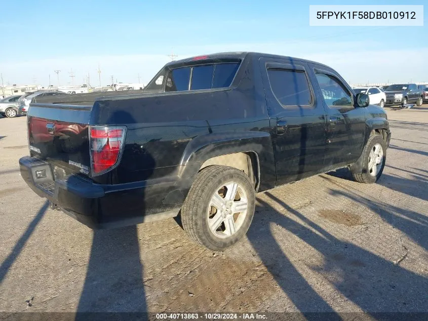 2013 Honda Ridgeline Rtl VIN: 5FPYK1F58DB010912 Lot: 40713863