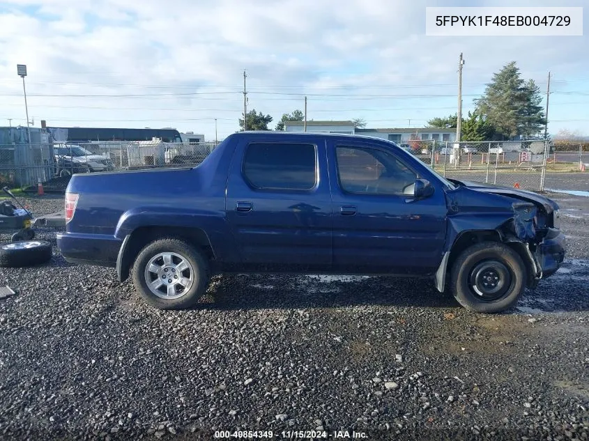 2014 Honda Ridgeline Rts VIN: 5FPYK1F48EB004729 Lot: 40854349