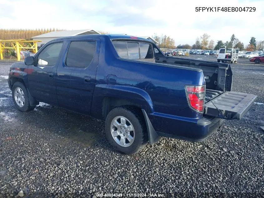 2014 Honda Ridgeline Rts VIN: 5FPYK1F48EB004729 Lot: 40854349