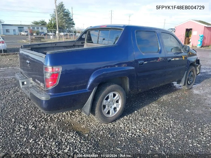 2014 Honda Ridgeline Rts VIN: 5FPYK1F48EB004729 Lot: 40854349