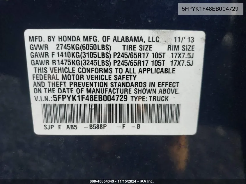 2014 Honda Ridgeline Rts VIN: 5FPYK1F48EB004729 Lot: 40854349