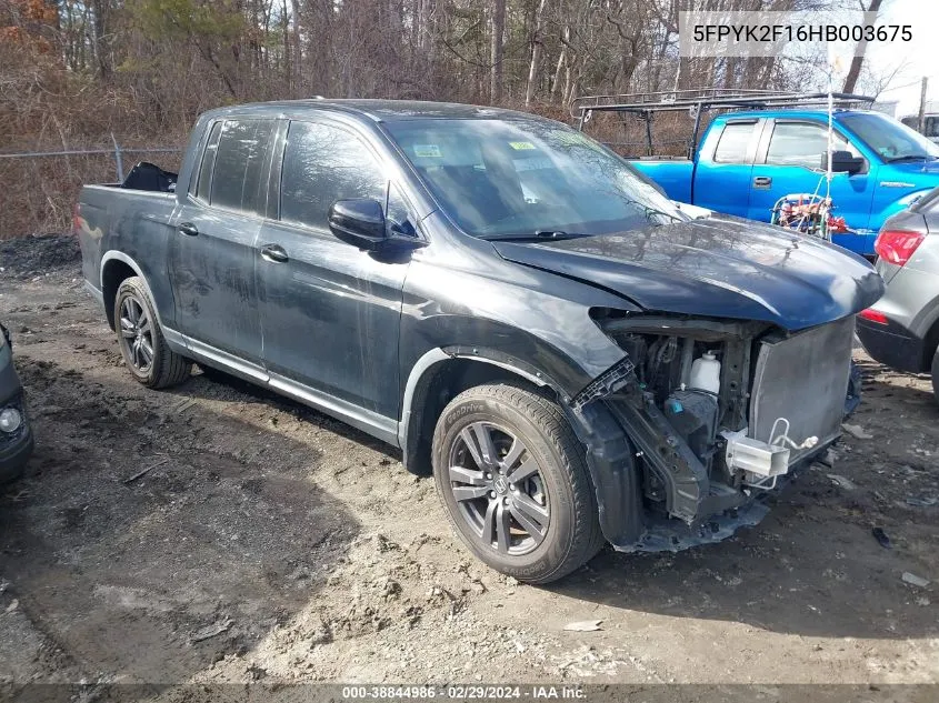 2017 Honda Ridgeline Sport VIN: 5FPYK2F16HB003675 Lot: 38844986