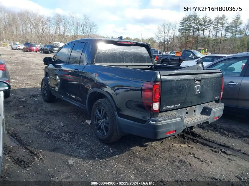 2017 Honda Ridgeline Sport VIN: 5FPYK2F16HB003675 Lot: 38844986