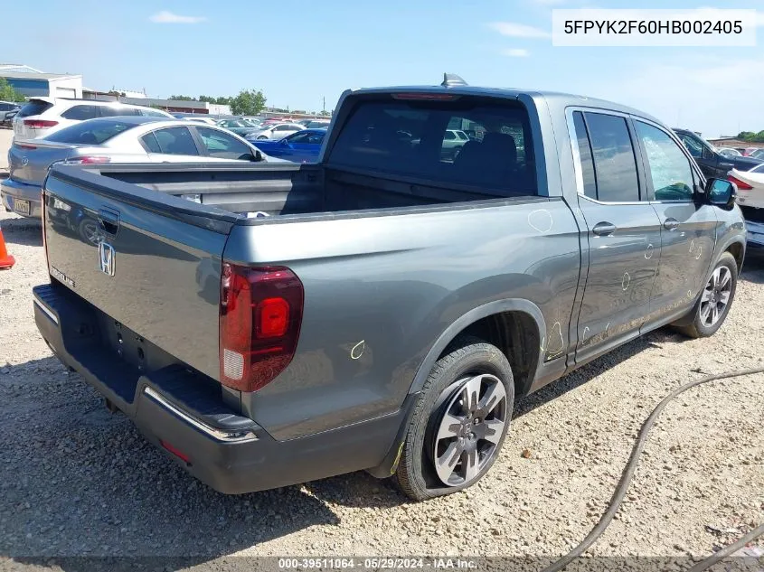 2017 Honda Ridgeline Rtl-T VIN: 5FPYK2F60HB002405 Lot: 39511064