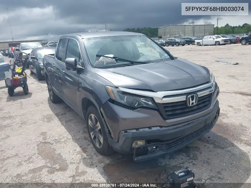 2017 Honda Ridgeline Rtl-T VIN: 5FPYK2F68HB003074 Lot: 39930761