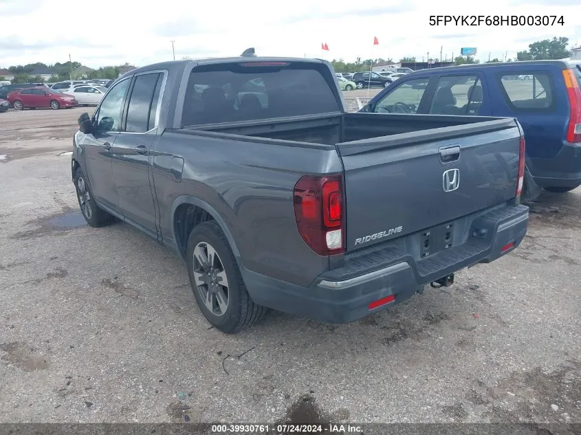 2017 Honda Ridgeline Rtl-T VIN: 5FPYK2F68HB003074 Lot: 39930761