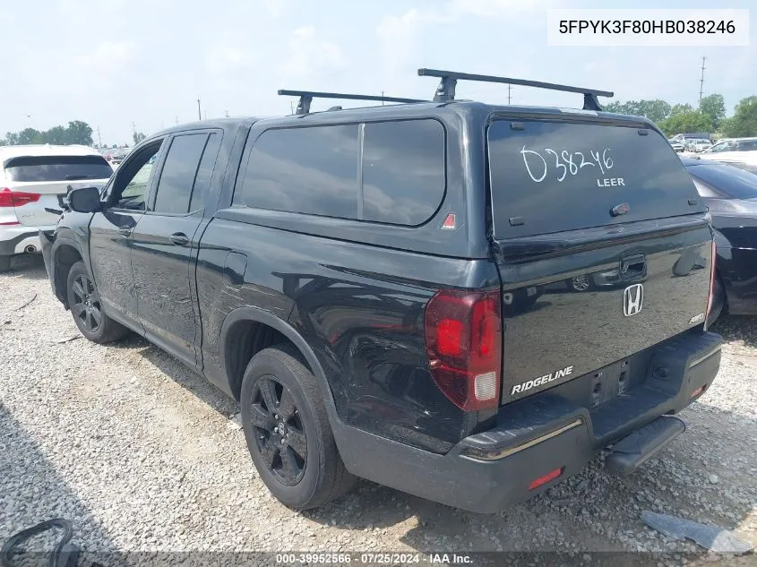 2017 Honda Ridgeline Black Edition VIN: 5FPYK3F80HB038246 Lot: 39952566