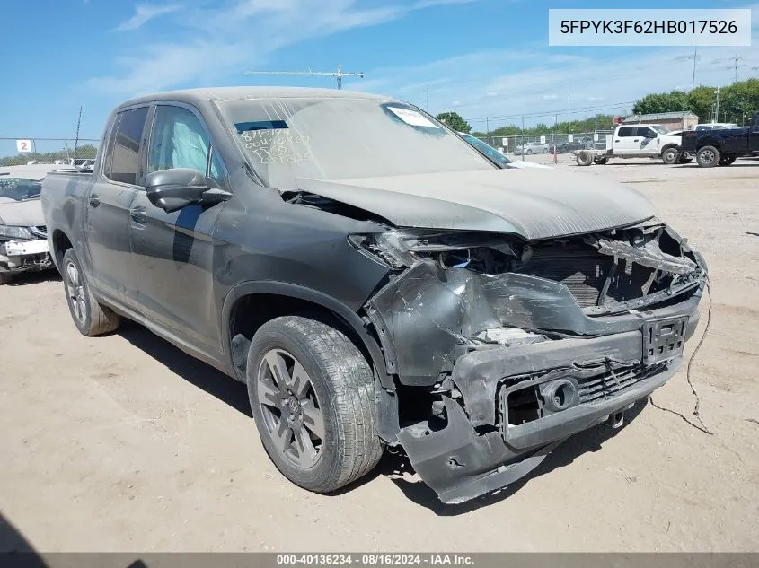 2017 Honda Ridgeline Rtl-T VIN: 5FPYK3F62HB017526 Lot: 40136234