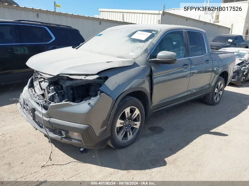 2017 Honda Ridgeline Rtl-T VIN: 5FPYK3F62HB017526 Lot: 40136234