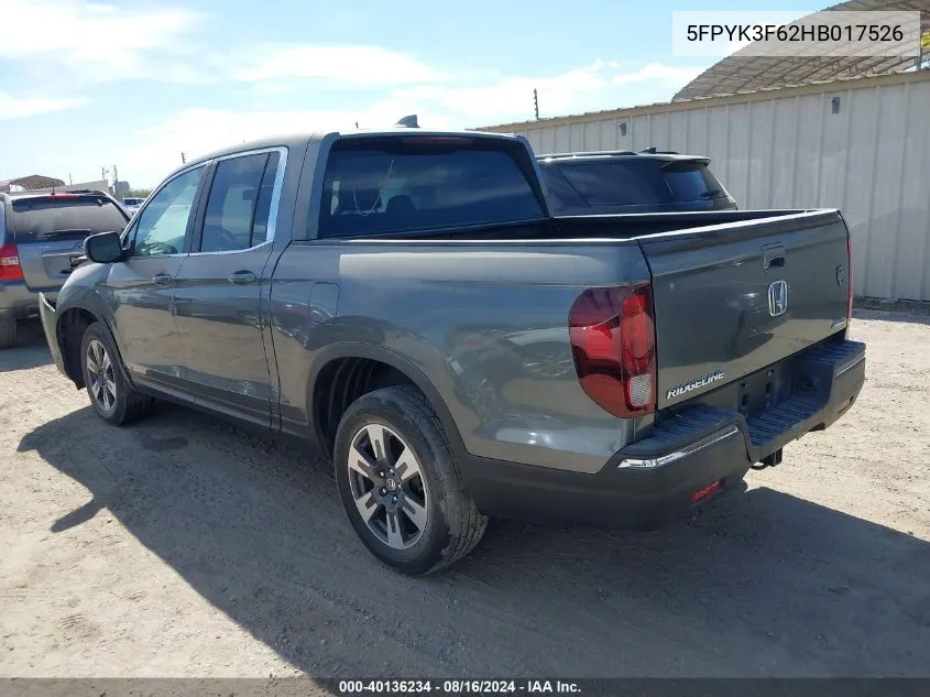 2017 Honda Ridgeline Rtl-T VIN: 5FPYK3F62HB017526 Lot: 40136234