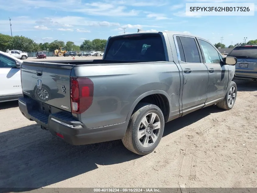 2017 Honda Ridgeline Rtl-T VIN: 5FPYK3F62HB017526 Lot: 40136234