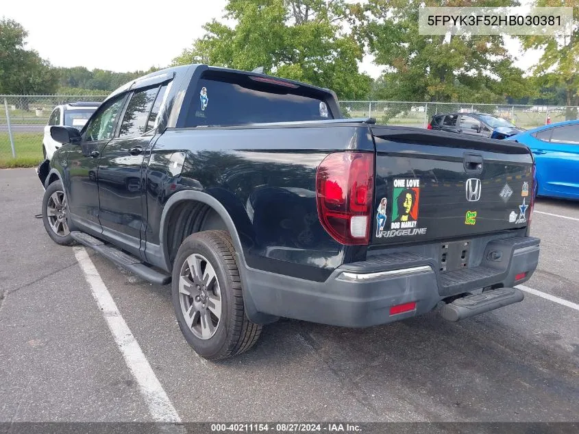 2017 Honda Ridgeline Rtl VIN: 5FPYK3F52HB030381 Lot: 40211154