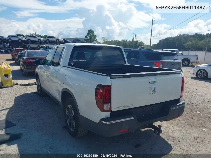 2017 Honda Ridgeline Rtl VIN: 5FPYK2F58HB011487 Lot: 40392180