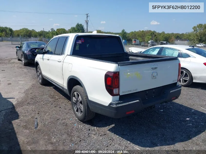 2017 Honda Ridgeline Rtl-T VIN: 5FPYK3F62HB012200 Lot: 40401490